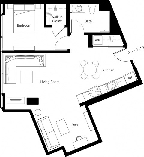 Floor plan for 1 bed, 1 bath, 751 sqft